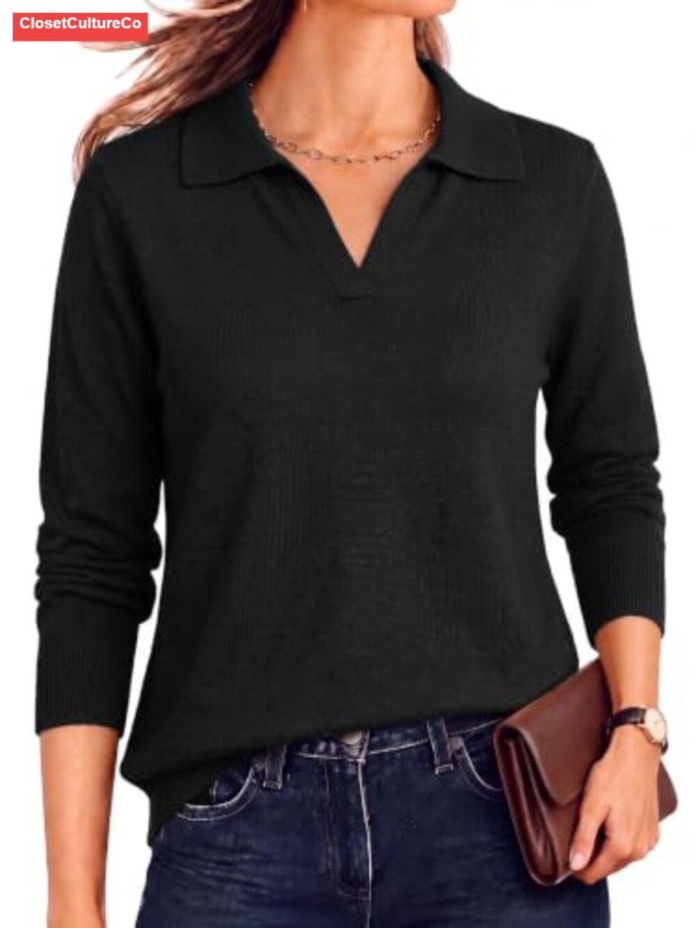 Wool Blend Polo Shirt Collared V-Neck Long Sleeve Business Casual